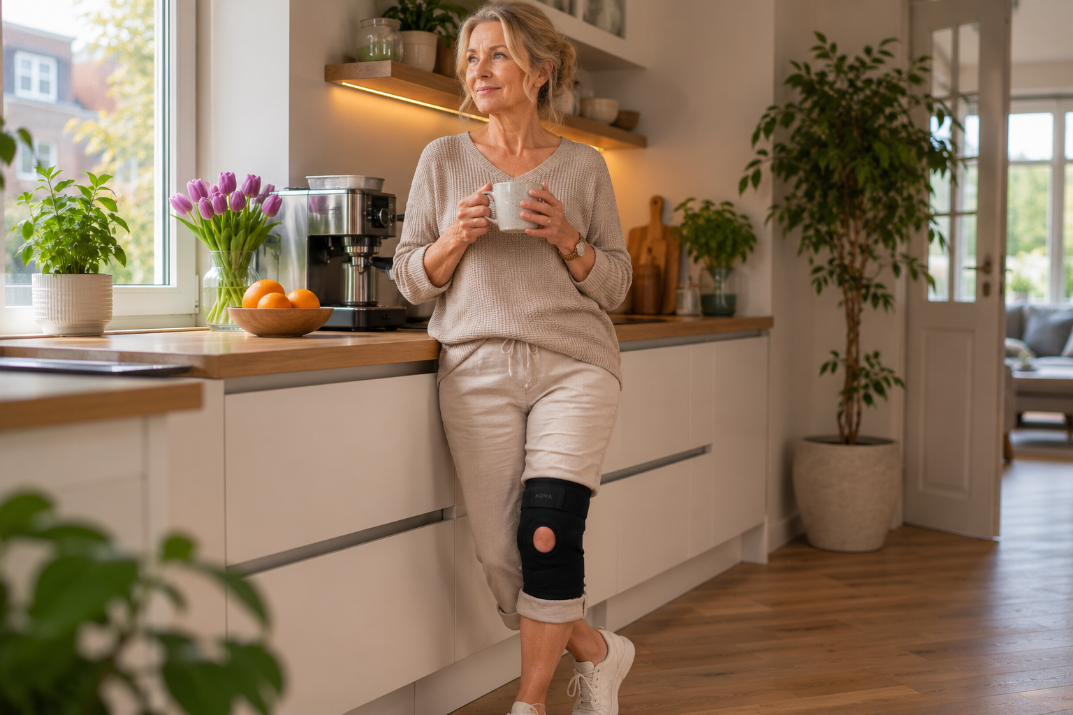 Older woman in her kitchen wearing the KOVA knee support