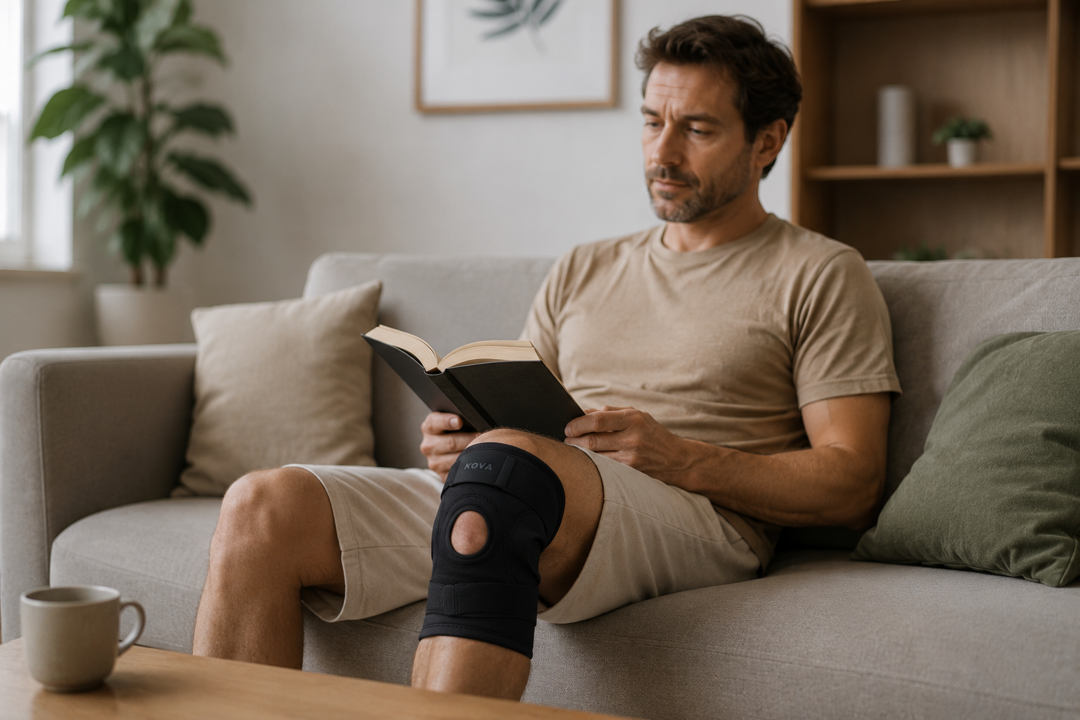 Man resting on a sofa with the KOVA knee support during recovery