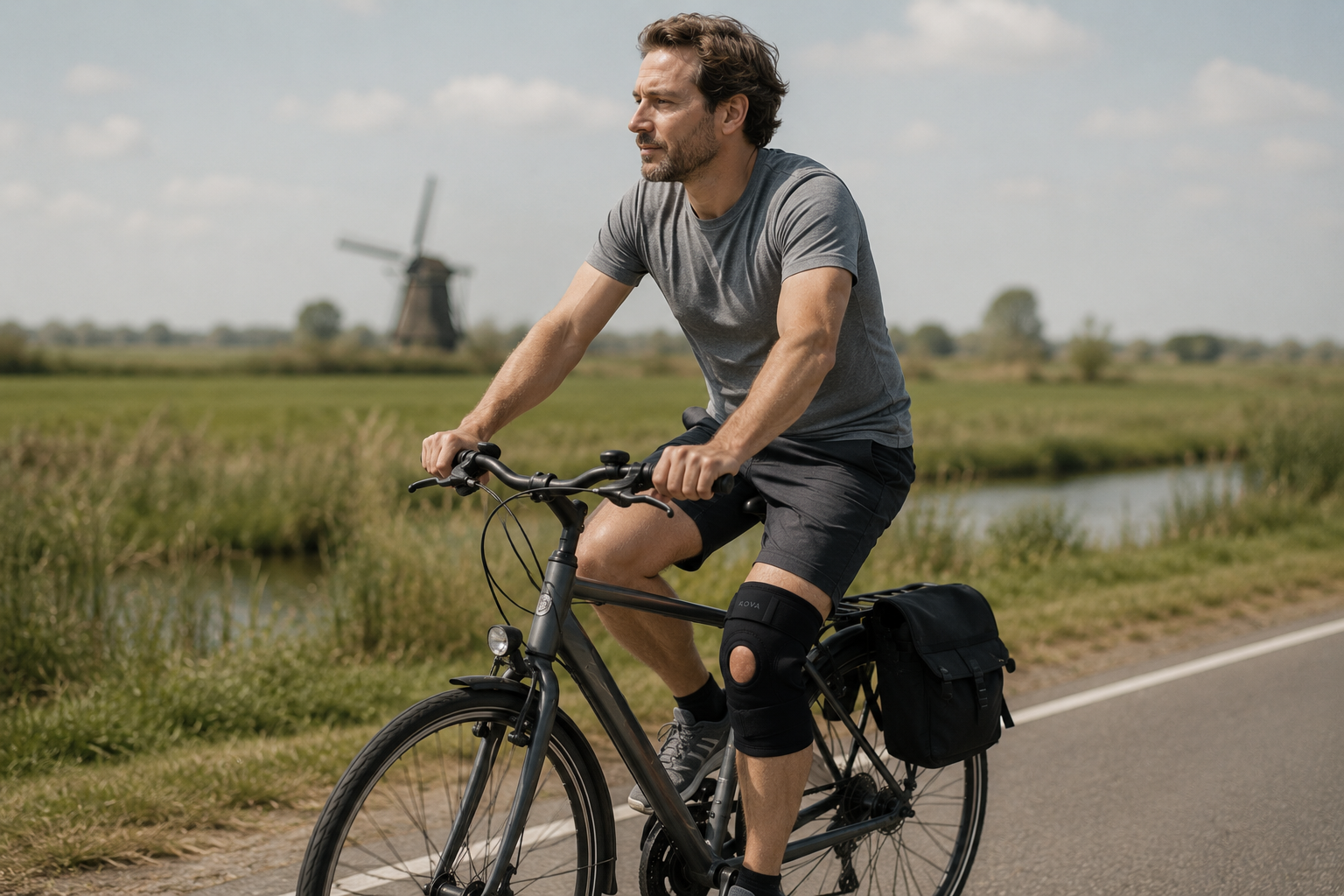 Man cycling through the Dutch countryside wearing the KOVA knee support