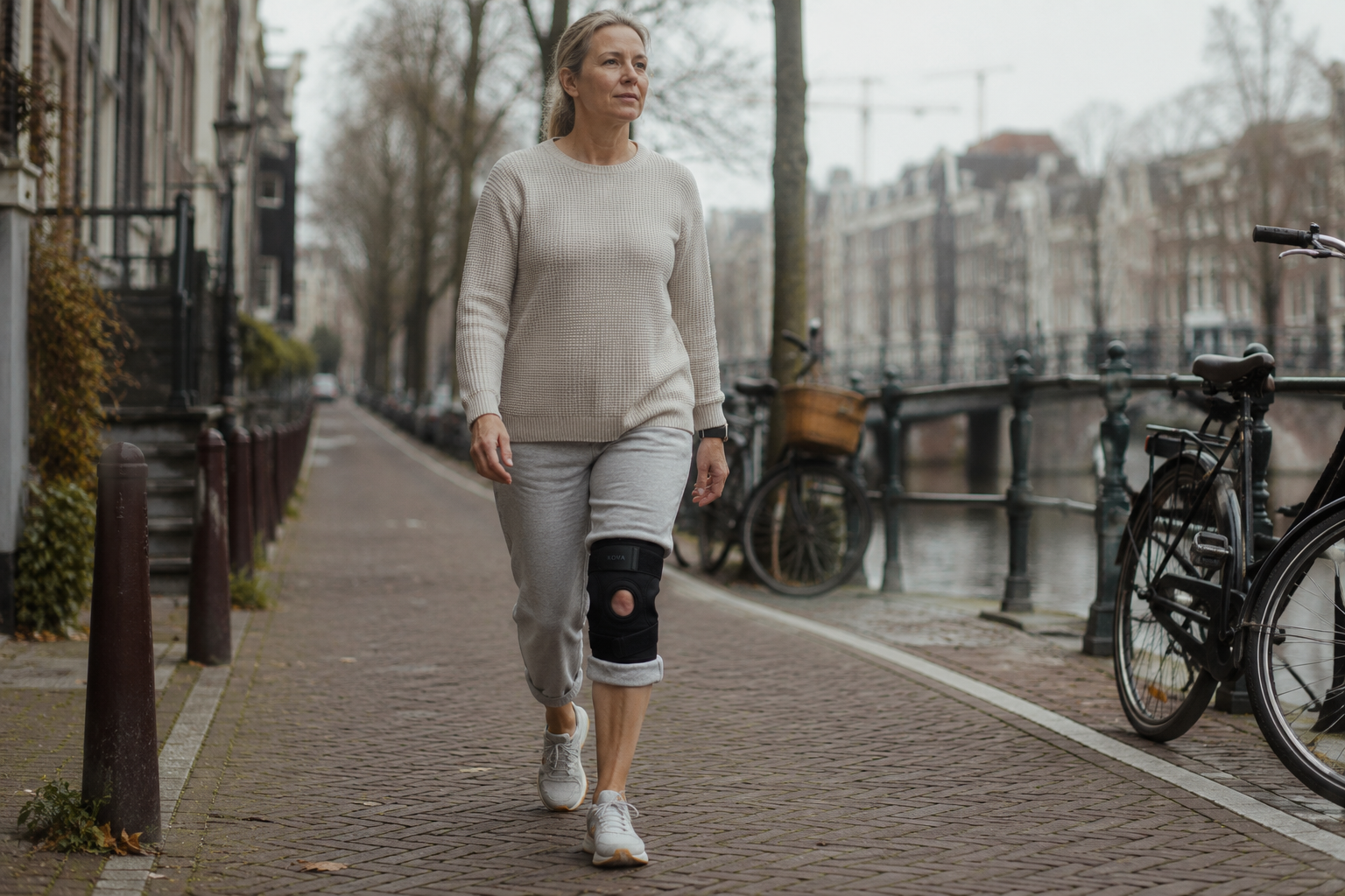 Woman wearing the KOVA knee support while walking along an Amsterdam canal